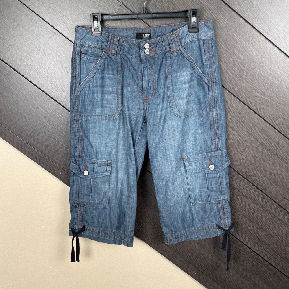 a.n.a Women's Y2K Denim Cargo Bermuda Shorts 10P Blue Drawstring Hem Utility